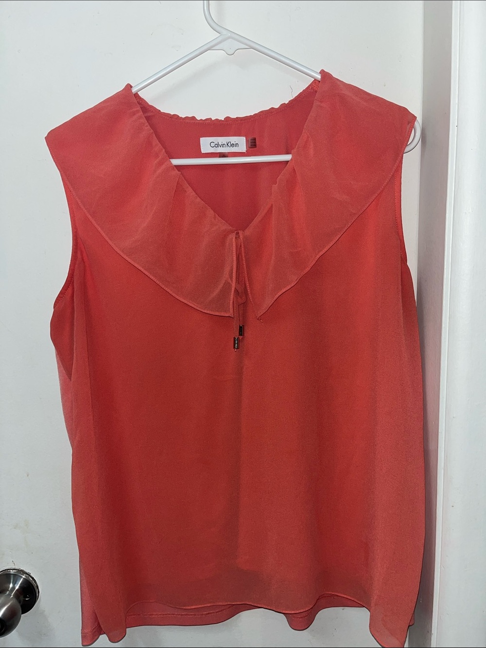 Calvin Klein Coral-Red Sleeveless Ruffle Collar Camisole